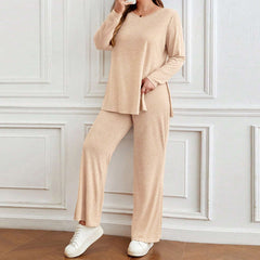 Plus Size Two-Piece Set – Round Neck Split Long Sleeve Top and Wide-Leg Pants (F00220189)