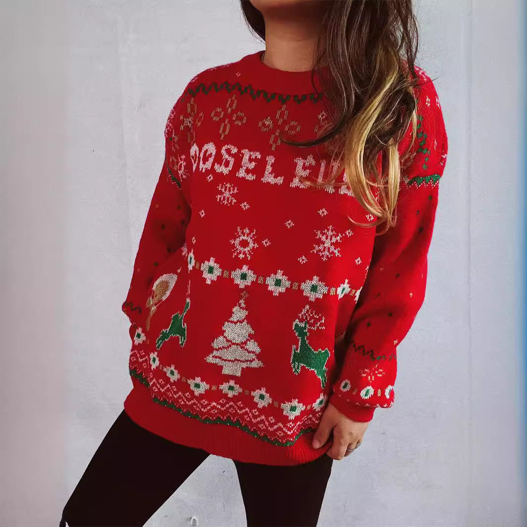 Women’s Christmas Sweater – Cute Loose Fit with Snowflake and Elk Jacquard Design (F00287944)