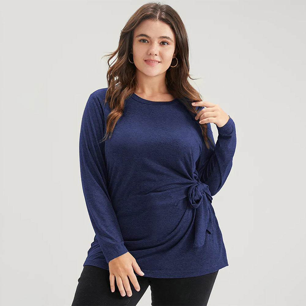 Plus Size Slim Fit T-Shirt – Elegant Pleated Twisted Design for Autumn and Winter (F00286423)