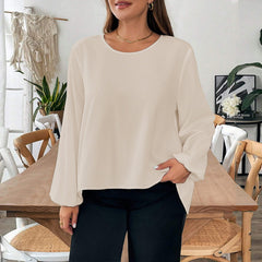 Plus Size Loose Fit T-Shirt with Bow Detail – Comfortable Autumn and Winter Blouse (F00290773)