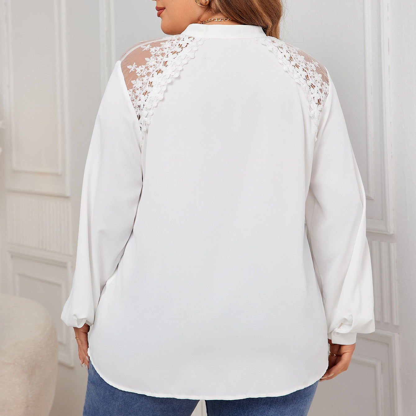 V-Neck Lace Stitching Shirt – Elegant White Long Sleeve Top for Autumn (F00282104)