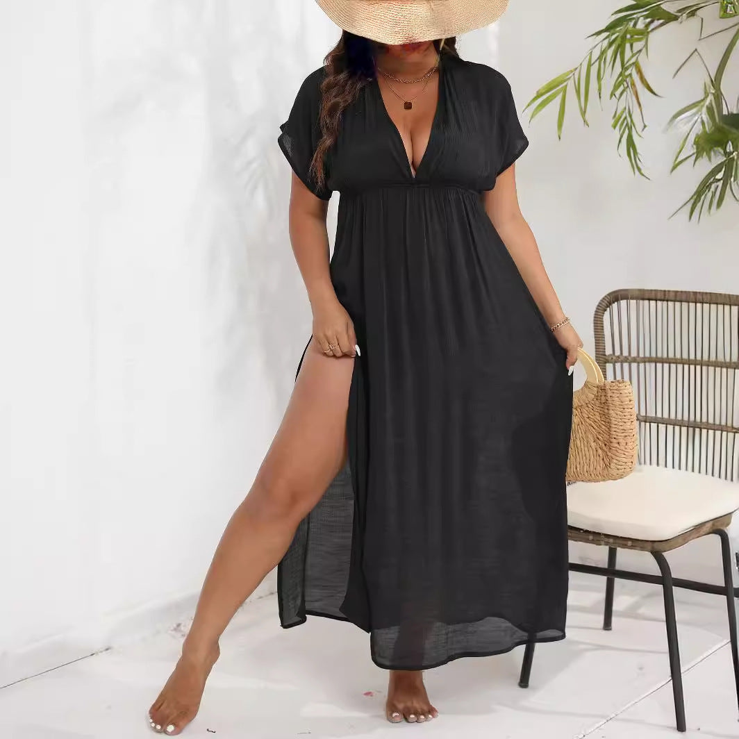 Plus Size Beach Cover-Up Dress – Deep V-Neck Backless Design with Split Waist (F00248799)