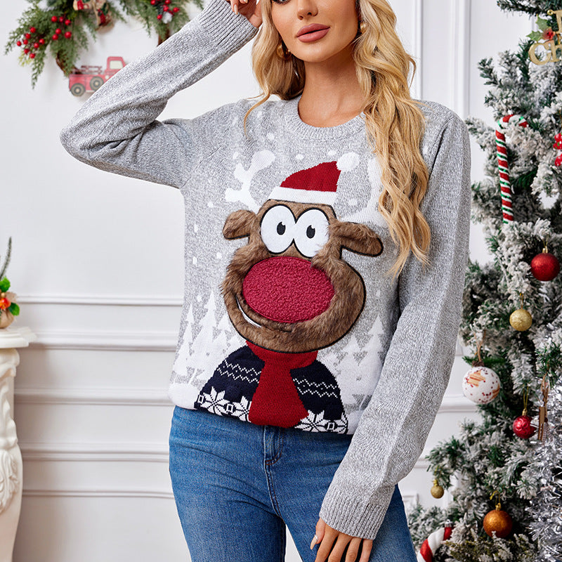 Popular Loose Fit Christmas Sweater – Light Gray Knitwear with Colorful Design for Autumn and Winter (F00288018)