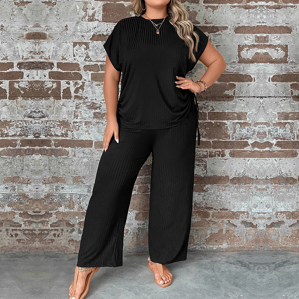 Plus Size Two-Piece Set – Round Neck T-Shirt and Wide-Leg Pants for Casual Style (F00246520)