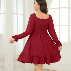 Plus Size Wine Red Midi Dress – Elegant Intellectual Style for Fall and Winter (F00286428)