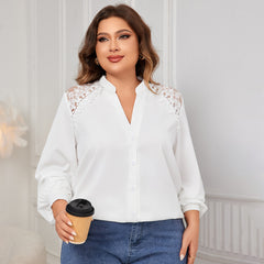 V-Neck Lace Stitching Shirt – Elegant White Long Sleeve Top for Autumn (F00282104)