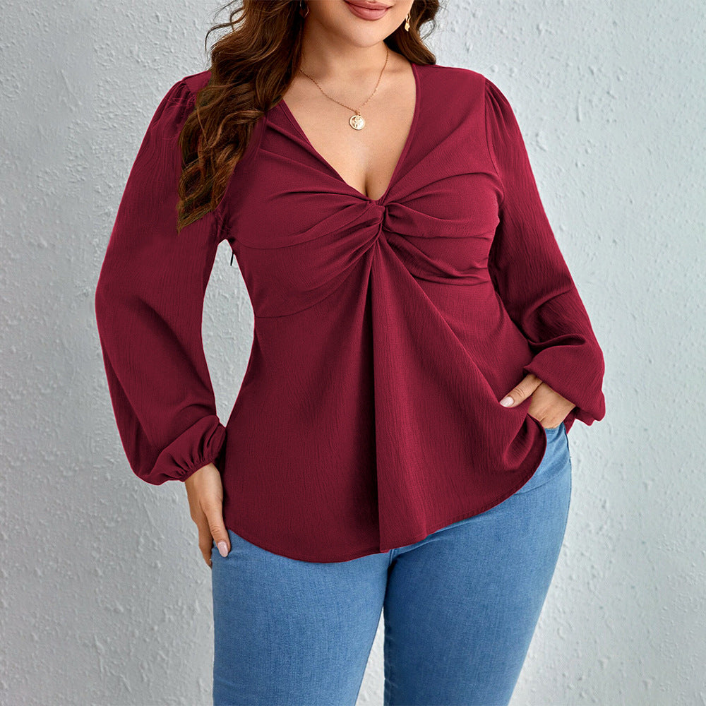 Plus Size Wine Red V-Neck T-Shirt – Elegant and Youthful Design for Autumn and Winter (F00285190)