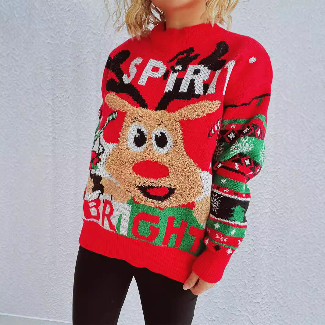 Christmas Elk Jacquard Sweater – Loose Fit Knitted Pullover for Women (F00287936)