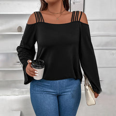 Plus Size Solid Color Cutout Sling Top – Loose Fit and Slimming for Autumn and Winter (F00288445)