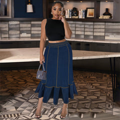 Plus Size Denim Long Skirt – Elastic Waist for Comfort and Style (F00283441)